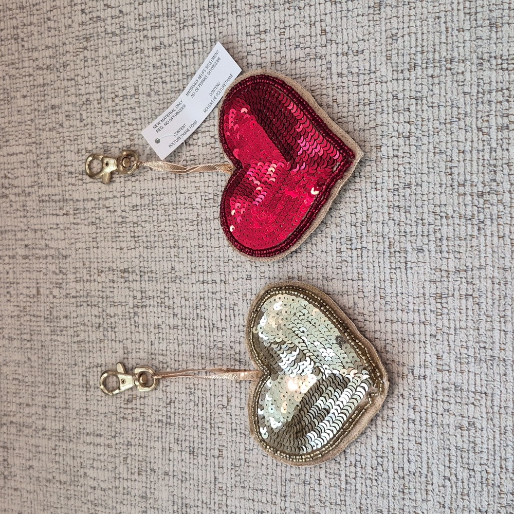 Pier 1 Sequin Heart Keychains Bag Charms Red & Gold Set (2) NEW